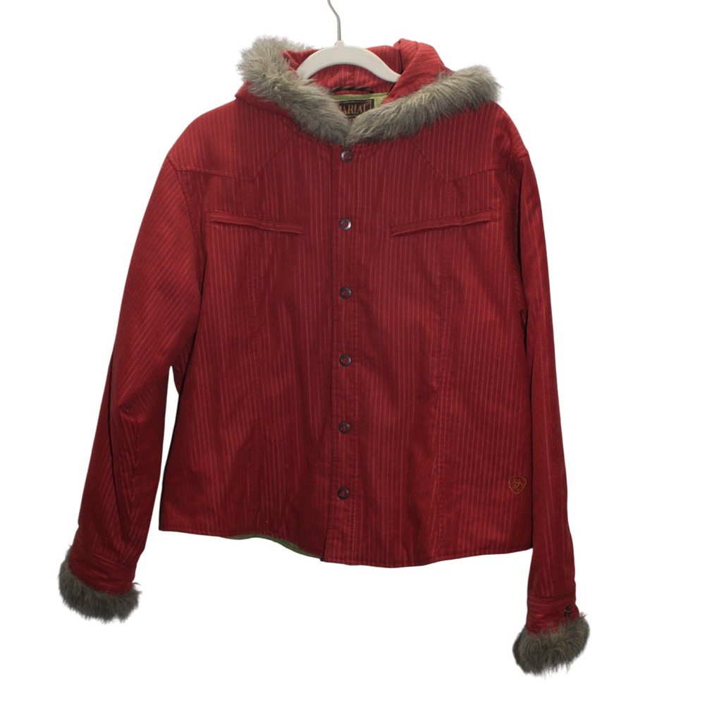 Ariat Red‎ Corduroy Fur Trim Hooded Jacket Women's XL TG Western Snap Front